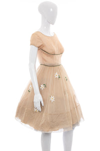 1950's Tan Daisy Embroidered Organza Party Dress Size S