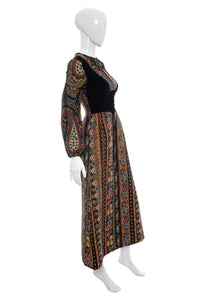 1970's Gay Gibson Black Paisley Printed Hippie Dress Size