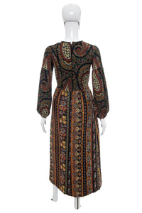 1970's Gay Gibson Black Paisley Printed Hippie Dress Size