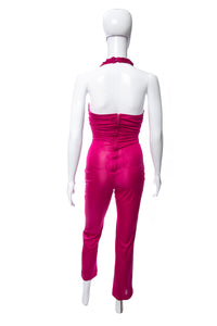 1980's New Leaf Magenta Halter Style Ruched Jumpsuit Size XS