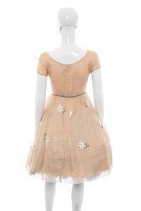 1950's Tan Daisy Embroidered Organza Party Dress Size S