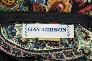 1970's Gay Gibson Black Paisley Printed Hippie Dress Size