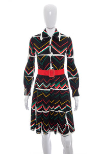 1960's Claret Black and Multicolor Chevron Print Dress Size S