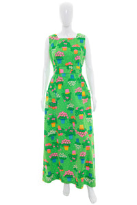 1970's Montgomery Ward Green Floral Print Maxi Dress Size S/M