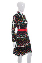 Load image into Gallery viewer, 1960&#39;s Claret Black and Multicolor Chevron Print Dress Size S
