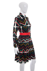 1960's Claret Black and Multicolor Chevron Print Dress Size S