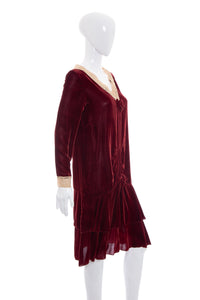 1920's Red Wine Velvet and Lace Detail Dress Size S/M