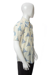 1970's Fruit of the Loom Cream and Blue Elvis Printed Button Down Shirt Size L