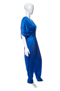1980's Alicia Blue Ruched Detail Jumpsuit Size L
