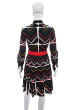 Load image into Gallery viewer, 1960&#39;s Claret Black and Multicolor Chevron Print Dress Size S
