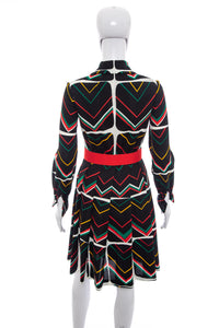 1960's Claret Black and Multicolor Chevron Print Dress Size S