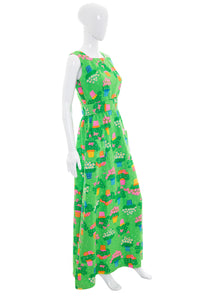 1970's Montgomery Ward Green Floral Print Maxi Dress Size S/M