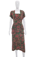 Load image into Gallery viewer, 1940&#39;s Cold Rayon Green and Pink Novelty Print Dress Size L
