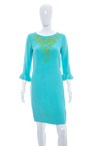 1960's Julie Miller Aqua and Lime Embroidered Dress Size S/M