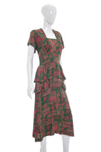 Load image into Gallery viewer, 1940&#39;s Cold Rayon Green and Pink Novelty Print Dress Size L
