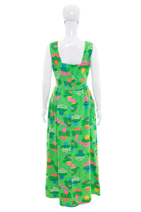 1970's Montgomery Ward Green Floral Print Maxi Dress Size S/M