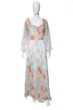 Load image into Gallery viewer, 1970&#39;s White and Multicolor Floral Print Pleated Gown Size S/M
