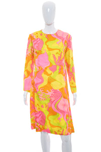 1960's Nicki Quinn Pink and Multicolor Psychedelic Print Dress Size XL