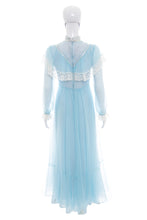 Load image into Gallery viewer, 1970&#39;s Blue and White Lace Detail Prairie Dress Size S
