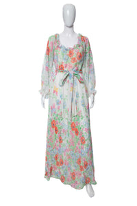 1970's White and Multicolor Floral Print Pleated Gown Size S/M