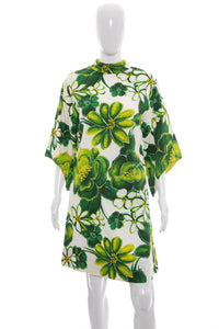 1960's White and Green Floral Print Tiki Dress Size M