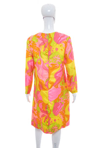 1960's Nicki Quinn Pink and Multicolor Psychedelic Print Dress Size XL