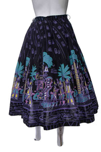 1950's Black and Multicolor Rare Saul Steinberg Graphic Printed Tiki Skirt Size S