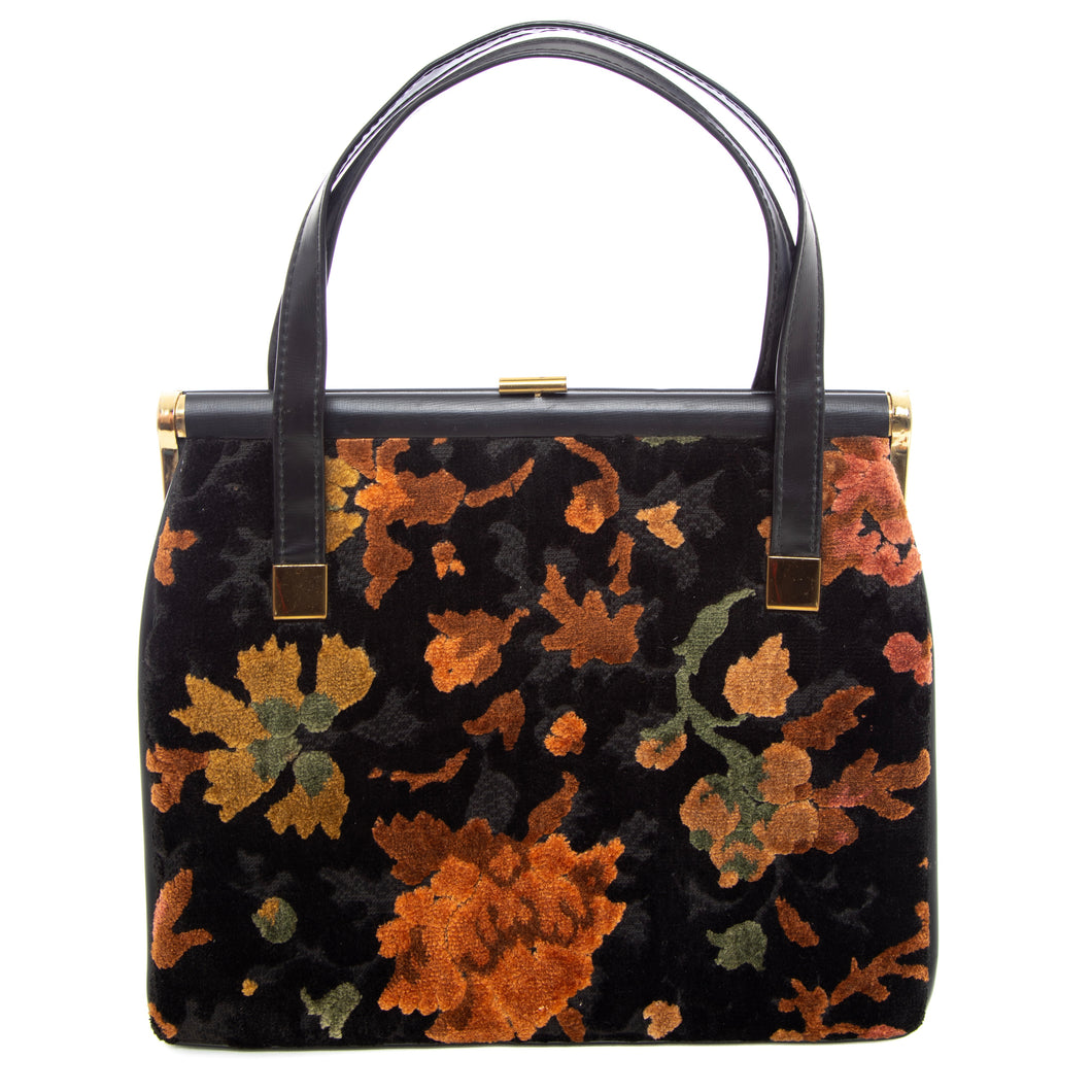 1960's Classy U.S.A Black and Orange Floral Carpet Purse