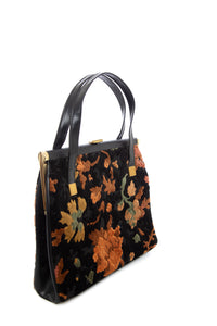 1960's Classy U.S.A Black and Orange Floral Carpet Purse