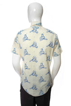 Load image into Gallery viewer, 1970&#39;s Fruit of the Loom Cream and Blue Elvis Printed Button Down Shirt Size L
