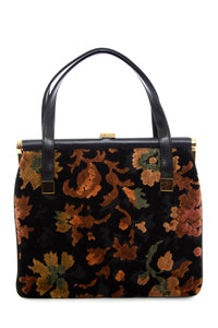 1960's Classy U.S.A Black and Orange Floral Carpet Purse