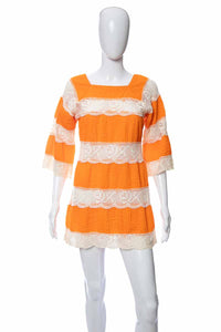 1970's Rodelinda Orange and White Lace Micro Pleat Detail Mexican Mini Dress Size S