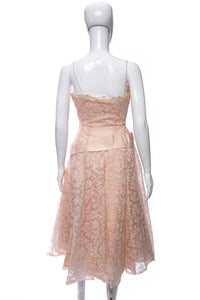 1950's Pink Floral Lace and Satin Sash Detail Midi Party Dress Size XS