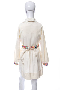 1960's A Mar Tee Original Cream Boho Embroidered Mini Dress Size S