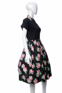 1950's Black and Pink Rose Printed Knee Length Dress Size M