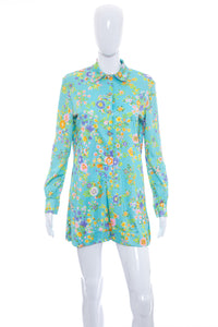 1960's Aqua Floral Print Mini Dress Size L