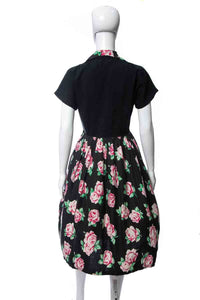 1950's Black and Pink Rose Printed Knee Length Dress Size M