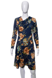 1970's Edith Flagg Navy Floral Printed Long Sleeve Dress Size M