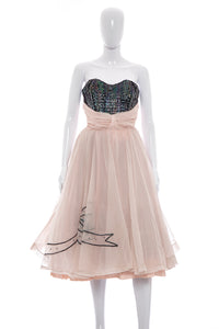 1950's Sylvia Ann Pink Chiffon and Sequins Party Dress Size S