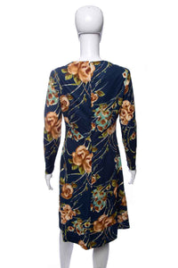 1970's Edith Flagg Navy Floral Printed Long Sleeve Dress Size M