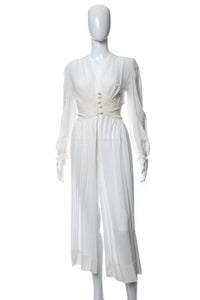 1940's White Semi-Sheer Long Sleeve Lace Detail Night Gown Size S