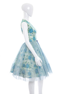 1950's Blue Floral Chiffon Party Dress Size S