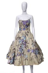1950's Beige, Purple and Blue All-Over Floral Print Full Skirt Strapless Party Dress Size XS