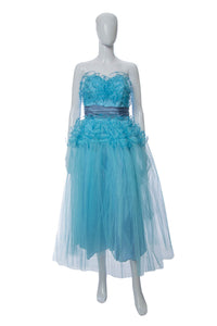 1950's Blue Tiered Tulle and Drape Detail Cupcake Cocktail Dress Size M