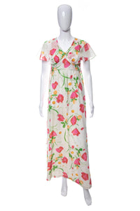 1970's Ko-Mai by Dael's White and Multicolor Floral Print Maxi Dress Size S