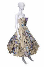 Load image into Gallery viewer, 1950&#39;s Beige, Purple and Blue All-Over Floral Print Full Skirt Strapless Party Dress Size XS
