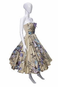 1950's Beige, Purple and Blue All-Over Floral Print Full Skirt Strapless Party Dress Size XS