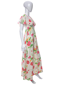 1970's Ko-Mai by Dael's White and Multicolor Floral Print Maxi Dress Size S