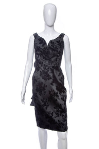 1950's Black Satin and Velvet Floral Brocade Helga Cocktail Dress Size S