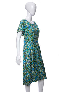 1950's Blue and Green Floral Print Silk Cocktail Dress Size XL